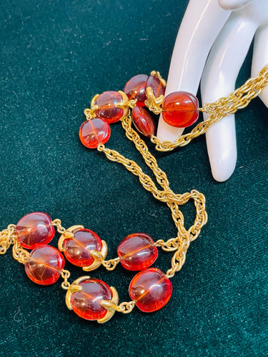 Crown Trifari Root Beer Bead and Gold Chain Necklace